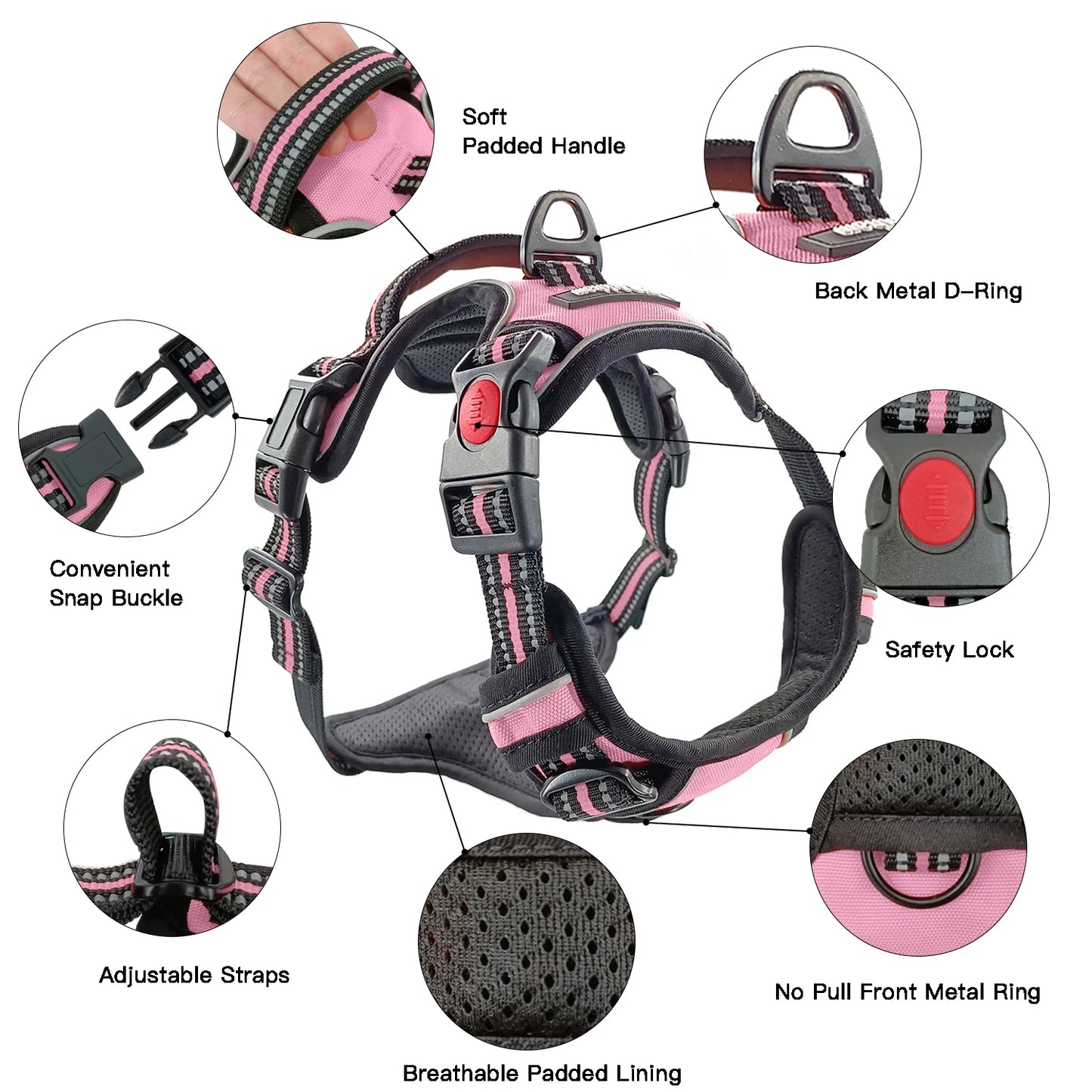 No Pull Dog Harness, Adjustable Dog Walking Harness with Breathable Padded Vest, Reflective Safe Comfort Pet Vest with Easy Control Handle for Small Medium Large Dogs,Pink/L